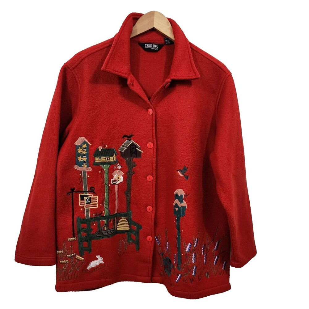 Vintage 90s Cottagecore Folk Embroidered Fleece Cardigan Birds Novelty Red Sz M